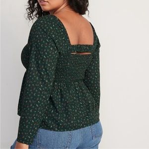 Floral smocked women’s blouse forest green color